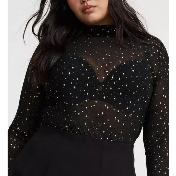 NWT Torrid 3 Celestial Gold Foil Black Mesh Mock Neck Long Sleeve Top 3X 22 24 - Picture 4 of 7